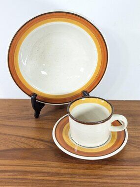 1970s MIKASA Orange peel breakfast set for 1, mcm stoneware lunch set